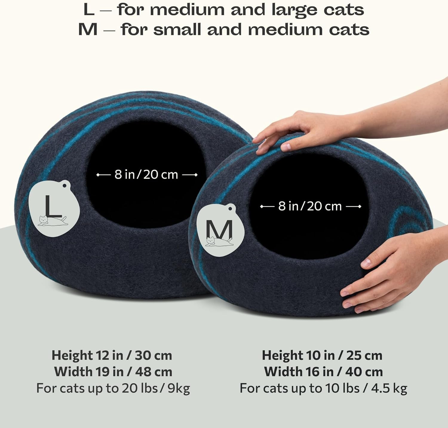Cat Cave – Premium Felt Cat Bed for Indoor Cats, Handmade 100% Merino Wool, Cat (Large, Black Aqua)