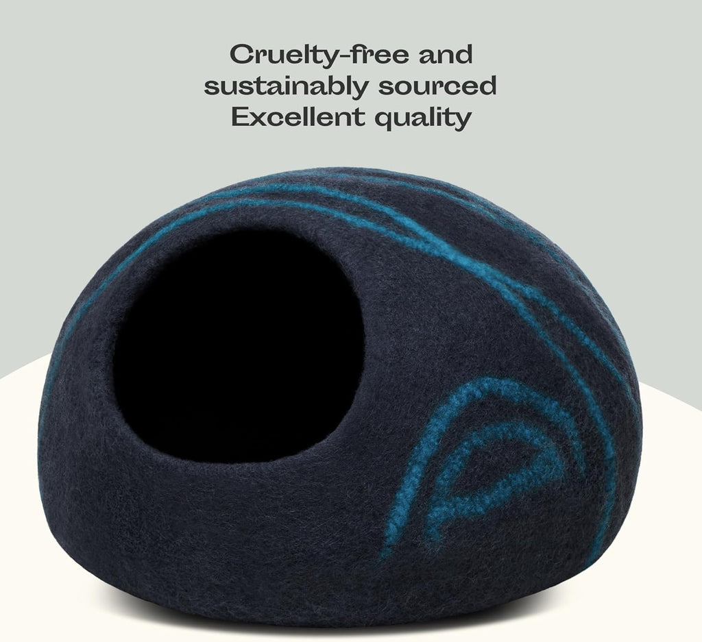 Cat Cave – Premium Felt Cat Bed for Indoor Cats, Handmade 100% Merino Wool, Cat (Large, Black Aqua)