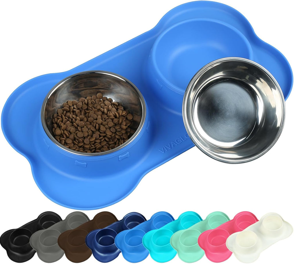Dog Bowls, Dog Food Bowls, Stainless Steel Cat Puppy Water Bowls with Non Spill Skid Resistant Silicone Mat, Large, Blue