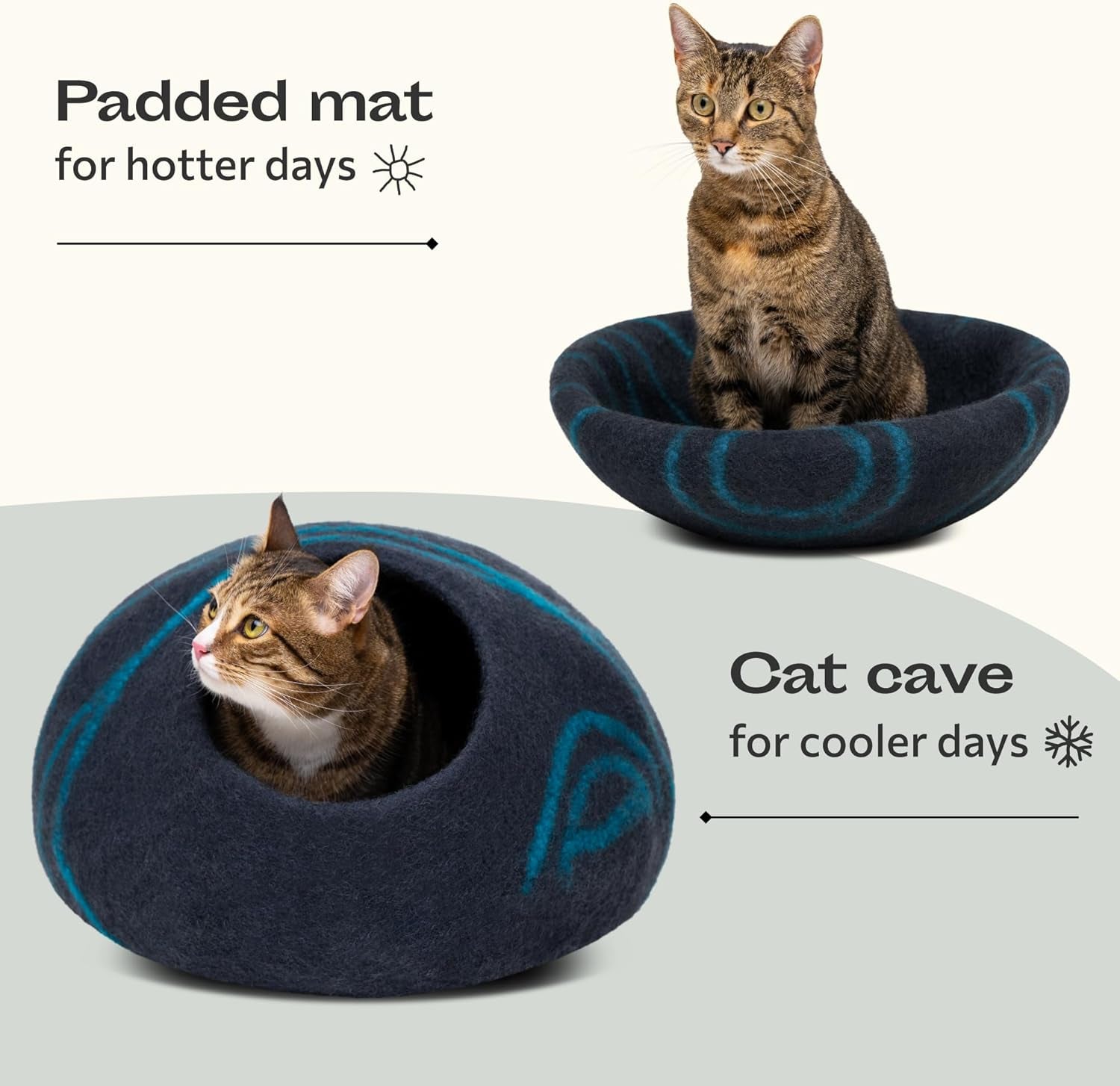 Cat Cave – Premium Felt Cat Bed for Indoor Cats, Handmade 100% Merino Wool, Cat (Large, Black Aqua)