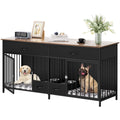 Indoor Dog Crate Furniture Large Breed with Storage&Dog Feeder, Double Dog Kennel Furniture TV Stand, 74.8" Inch Wooden Decorative Dog Kennel Furniture for 2 Dogs, Black