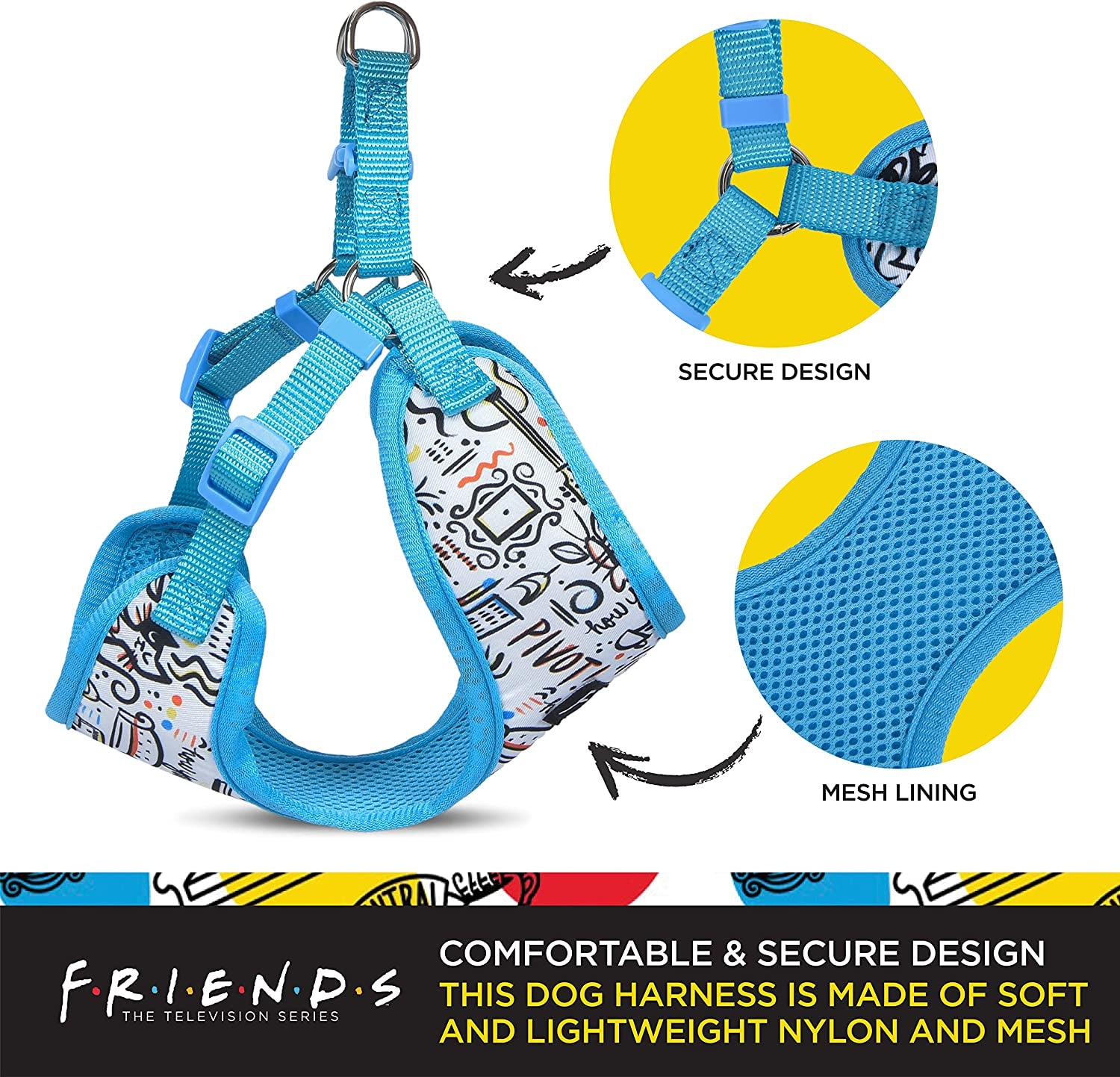 City Doodle Dog Harness for Small Dogs, Small (S) | Blue Small Dog Harness, No Pull Dog Harness with D-Ring | Machine Washable Friends Merch for Dogs from Friends TV Show