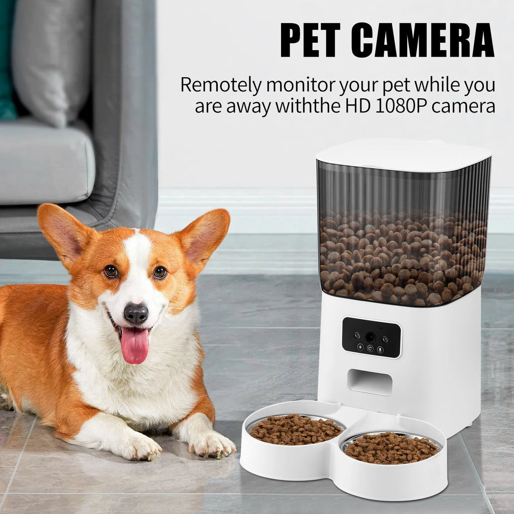 Threes Tree Automatic Cat Feeder with Camera for 2 Pets, Camera 5L Cat Feeder with 2 Stainless Steel Bowls, Remote APP Control