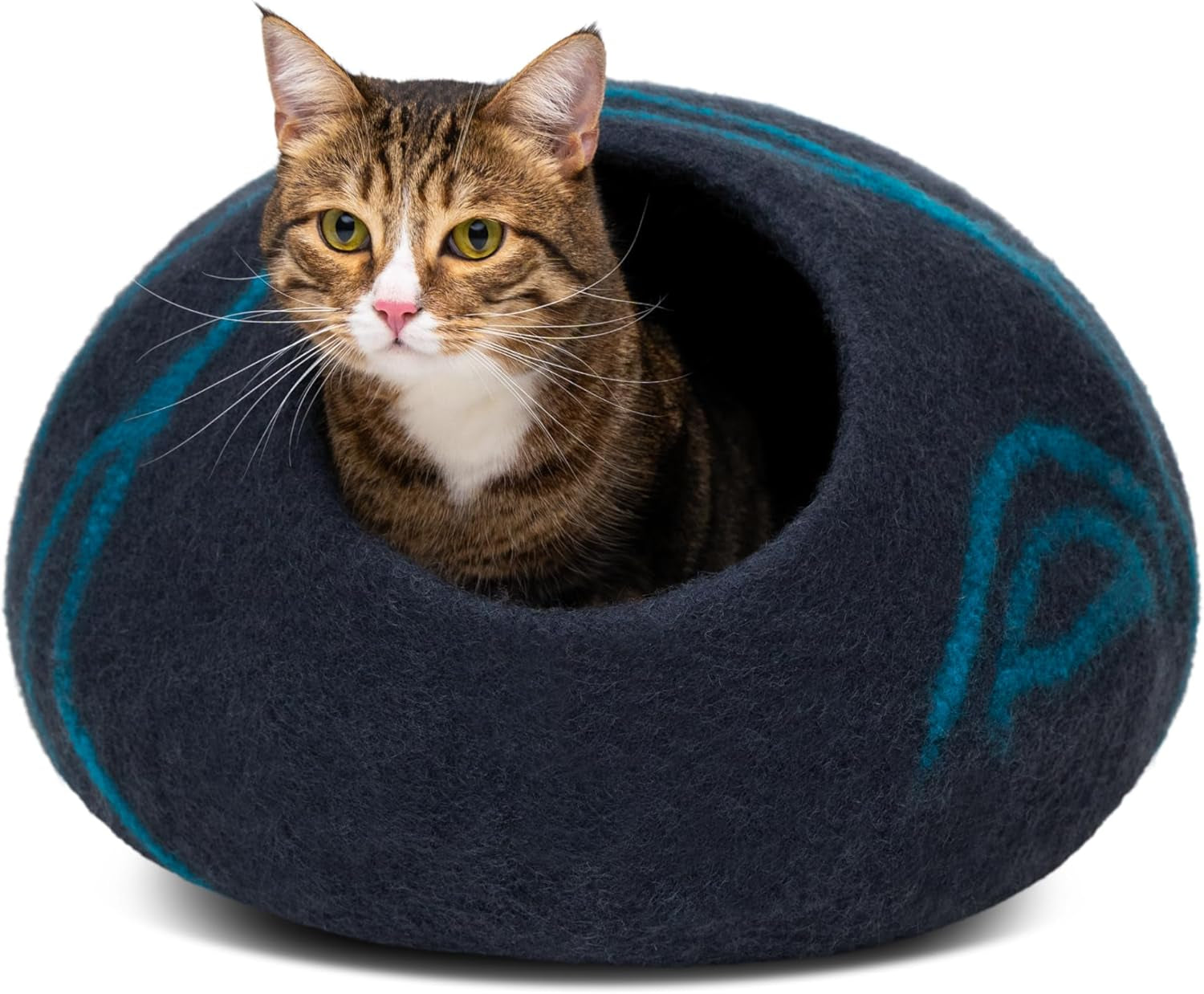 Cat Cave – Premium Felt Cat Bed for Indoor Cats, Handmade 100% Merino Wool, Cat (Large, Black Aqua)