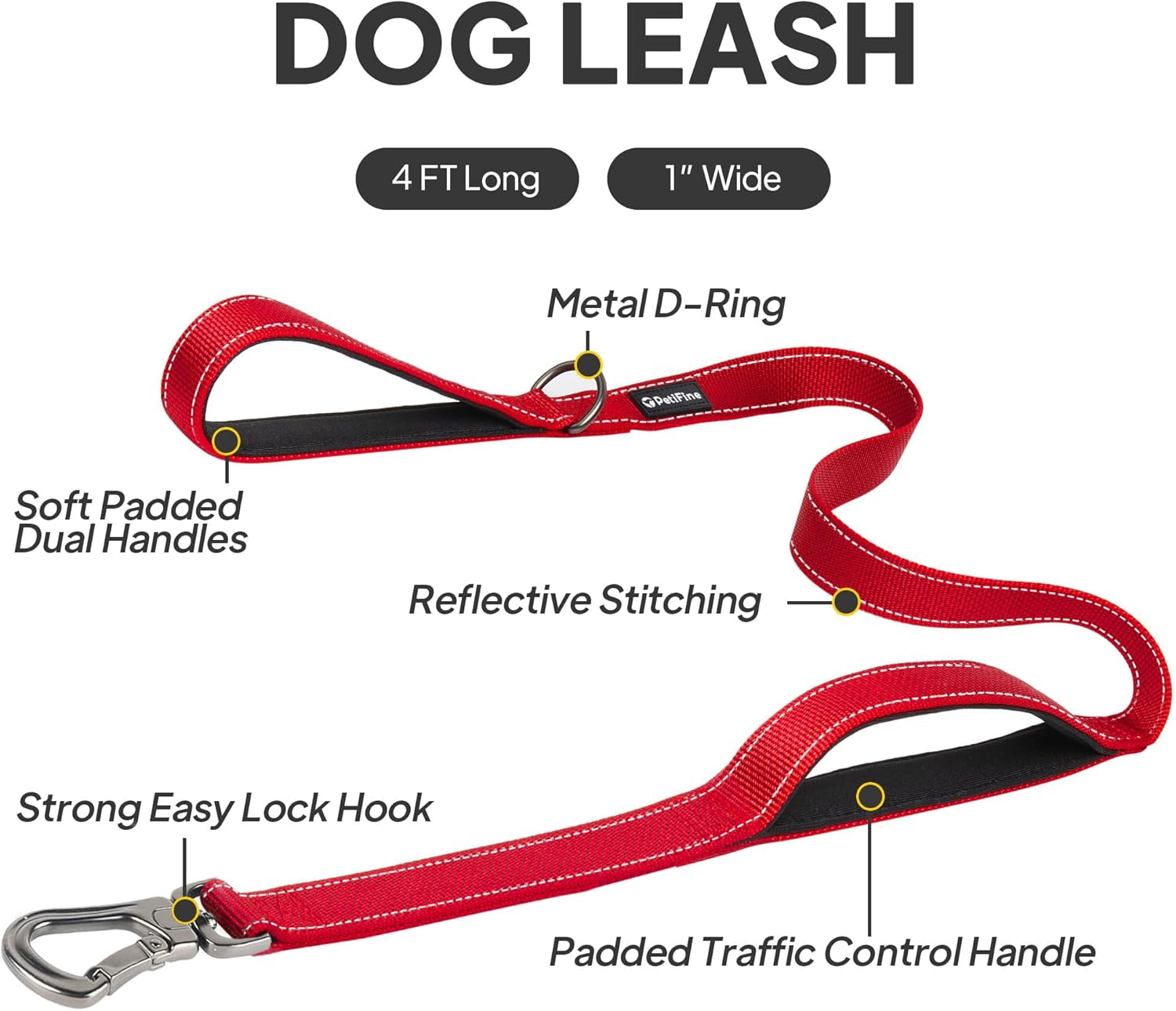 4FT Heavy Duty Dog Leash with Soft Padded Double Handle, Durable Strong Clasp Dog Leashes, Reflective Nylon Walking Lead for Large,Medium,Small Breed Dogs, Red
